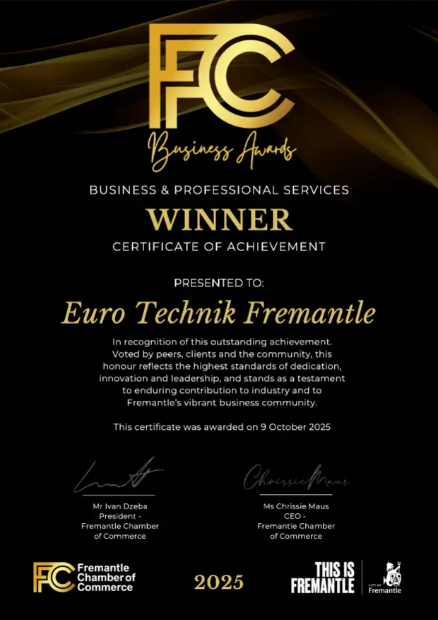 Euro Technik Fremantle Winners Certificate - Fremantle Chamber of Commerce